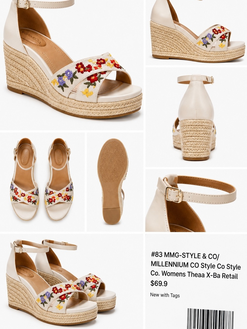 NIB Womens Style And Co Theaa Embroidered Espadrille Wedge Sandal - Cream